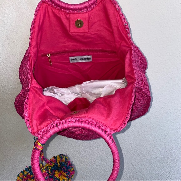 Boho Beach Pink Straw Pom Pom Circle Bag - Picture 3 of 5